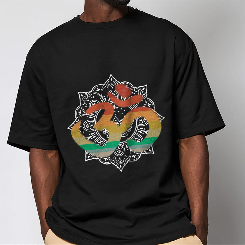 Nimara Ritual Gradient-colored Om Sanskrit Mandala Background Pattern Cotton Tee T-shirt