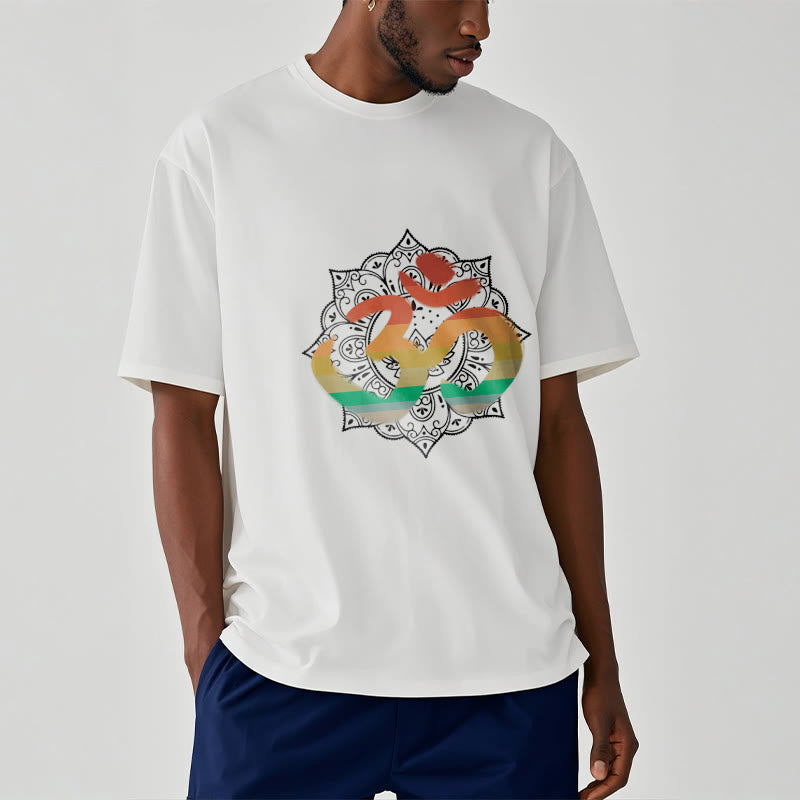 Nimara Ritual Gradient-colored Om Sanskrit Mandala Background Pattern Cotton Tee T-shirt