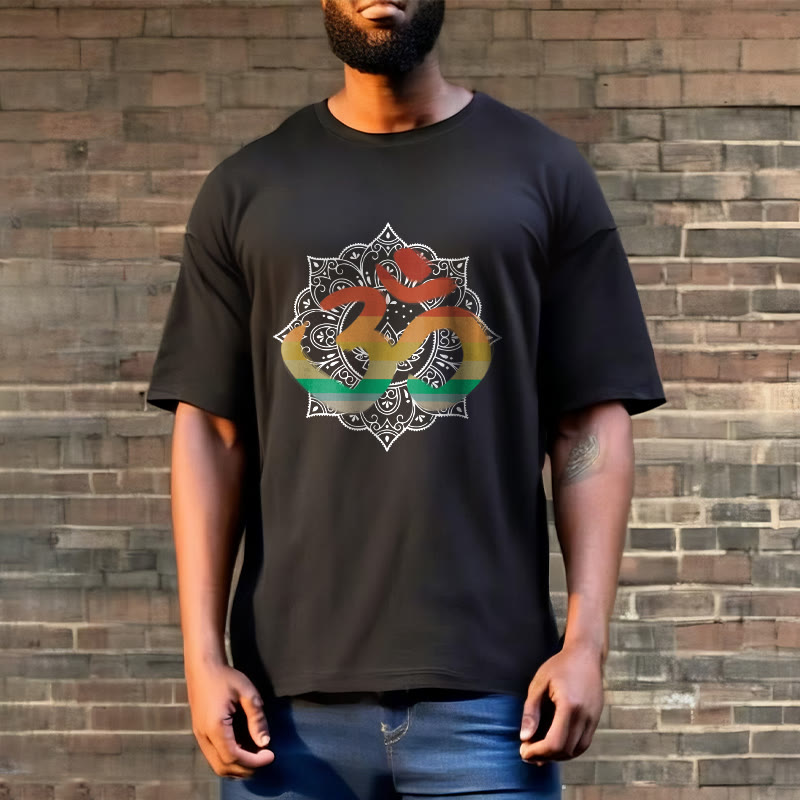 Nimara Ritual Gradient-colored Om Sanskrit Mandala Background Pattern Cotton Tee T-shirt