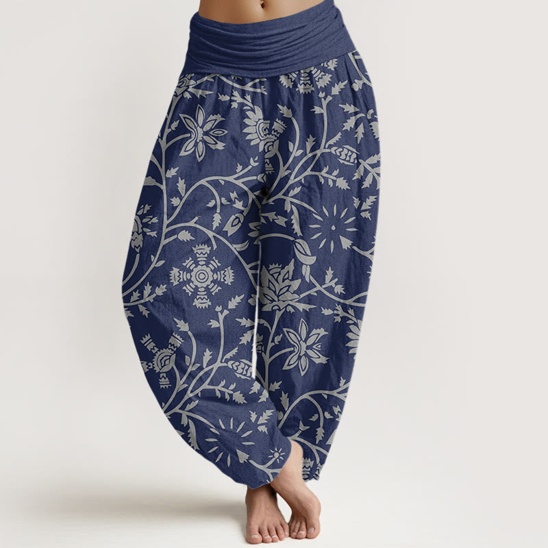 Nimara Ritual Cotton Casual Floral Branches Flowing Vines Pattern Women's Elastic Waist Harem Pants