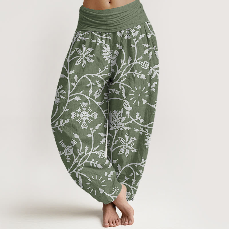 Nimara Ritual Cotton Casual Floral Branches Flowing Vines Pattern Women's Elastic Waist Harem Pants
