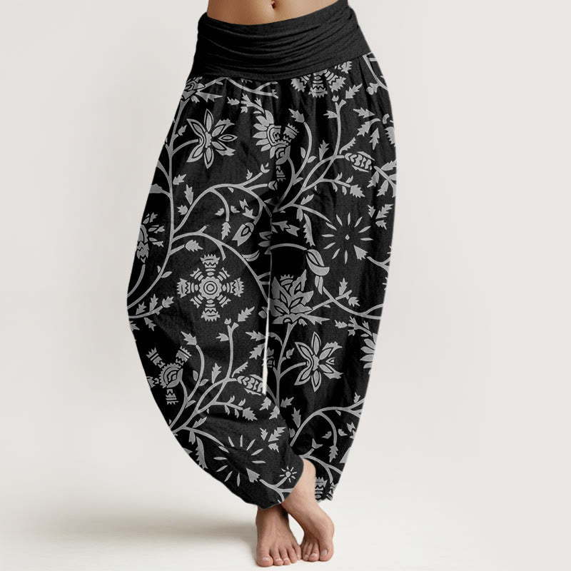 Nimara Ritual Cotton Casual Floral Branches Flowing Vines Pattern Women's Elastic Waist Harem Pants