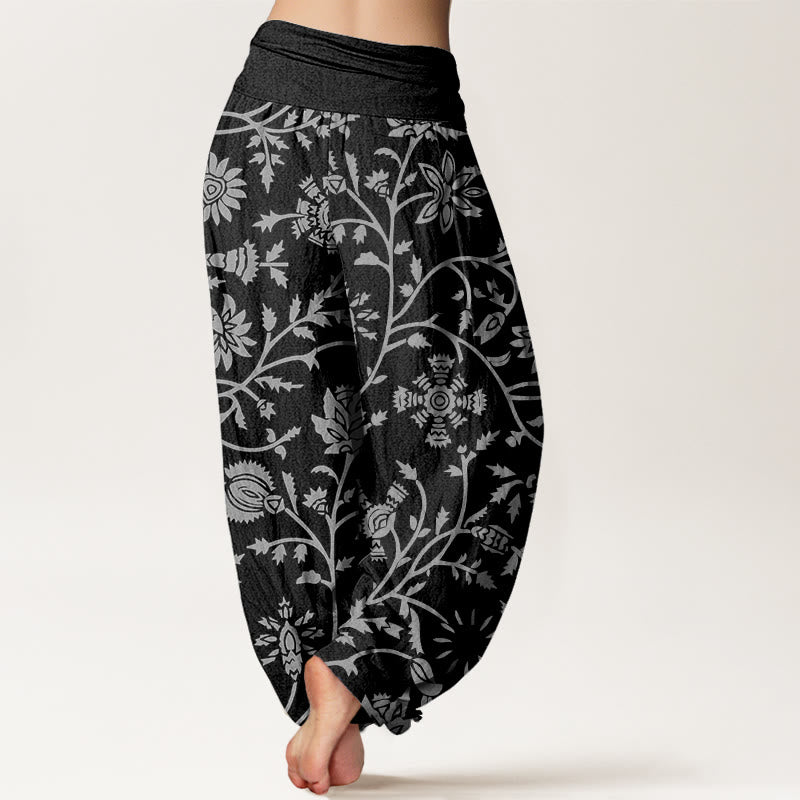 Nimara Ritual Cotton Casual Floral Branches Flowing Vines Pattern Women's Elastic Waist Harem Pants