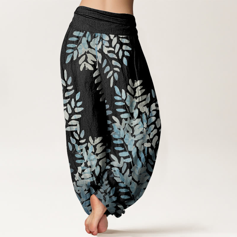 Nimara Ritual Cotton Casual Plant Interlaced Leaves Pattern Women's Elastic Waist Harem Pants