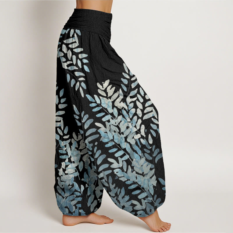 Nimara Ritual Cotton Casual Plant Interlaced Leaves Pattern Women's Elastic Waist Harem Pants