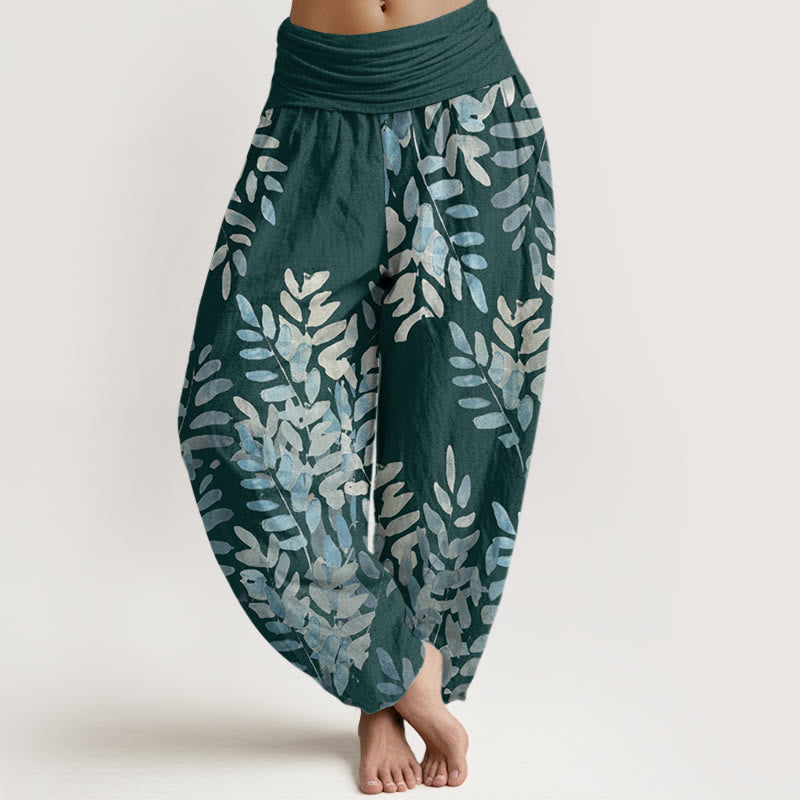 Nimara Ritual Cotton Casual Plant Interlaced Leaves Pattern Women's Elastic Waist Harem Pants