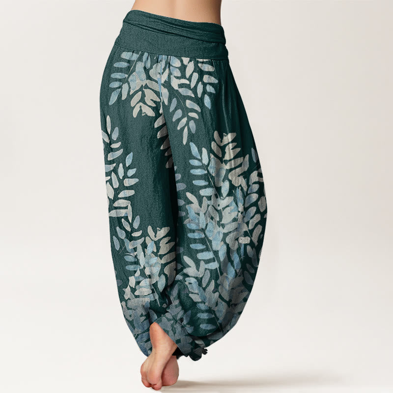 Nimara Ritual Cotton Casual Plant Interlaced Leaves Pattern Women's Elastic Waist Harem Pants