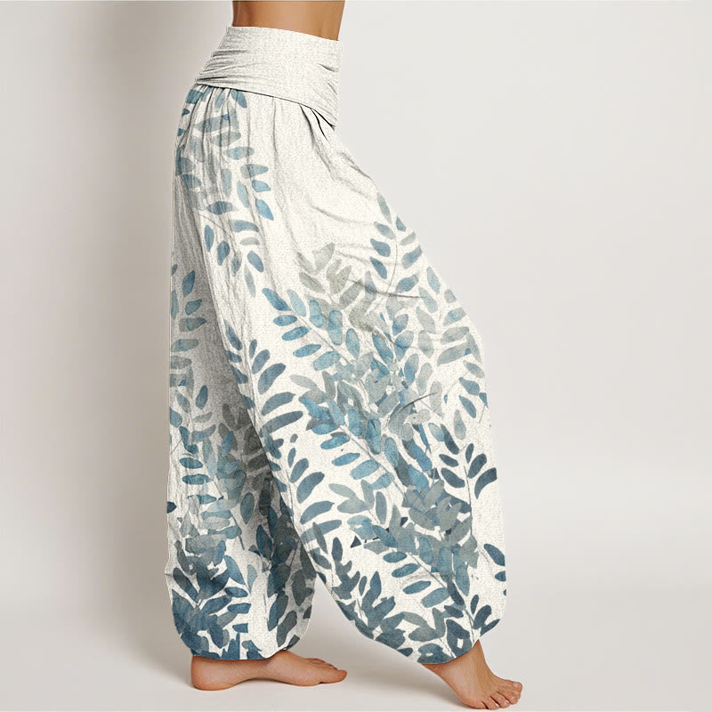 Nimara Ritual Cotton Casual Plant Interlaced Leaves Pattern Women's Elastic Waist Harem Pants