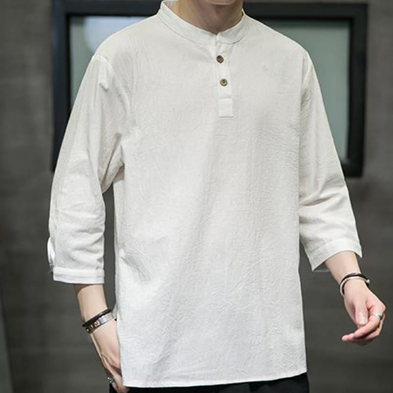 Nimara Ritual Vintage Causal Pure Color Stand Collar Men's Three Quarter Sleeve Cotton Linen Shirt