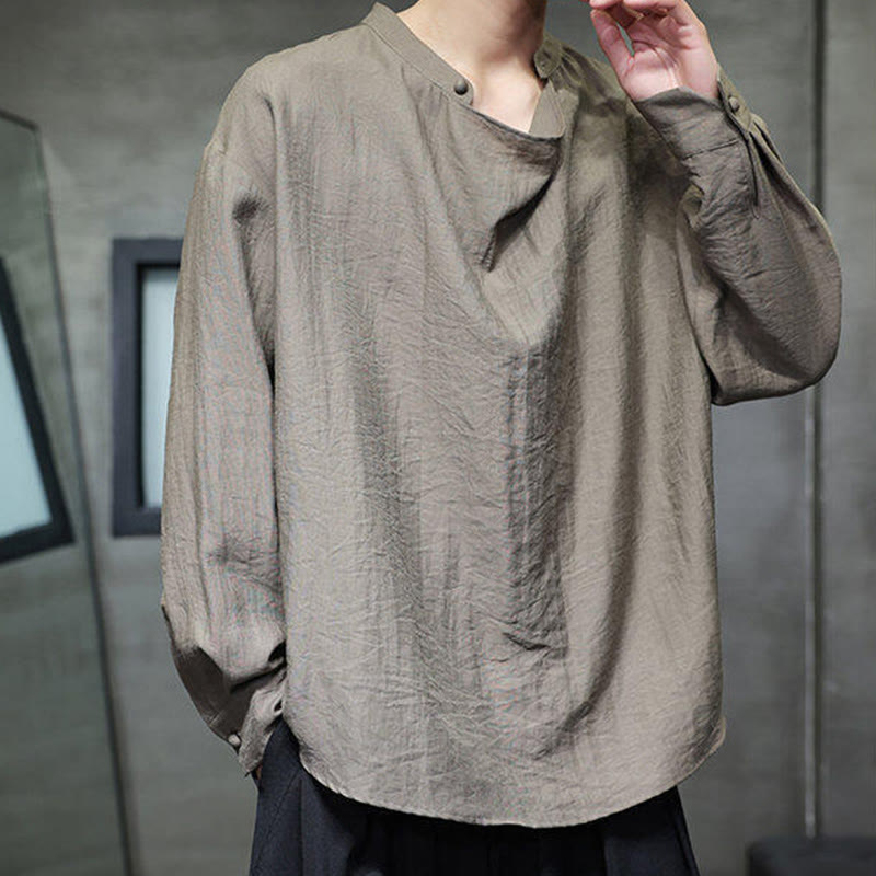 Nimara Ritual Spring Solid Color Pleated Stand Collar Design Tang Suit Men's Long Sleeve Linen Shirt