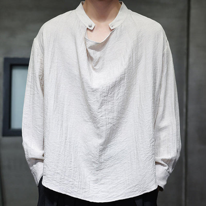 Nimara Ritual Spring Solid Color Pleated Stand Collar Design Tang Suit Men's Long Sleeve Linen Shirt