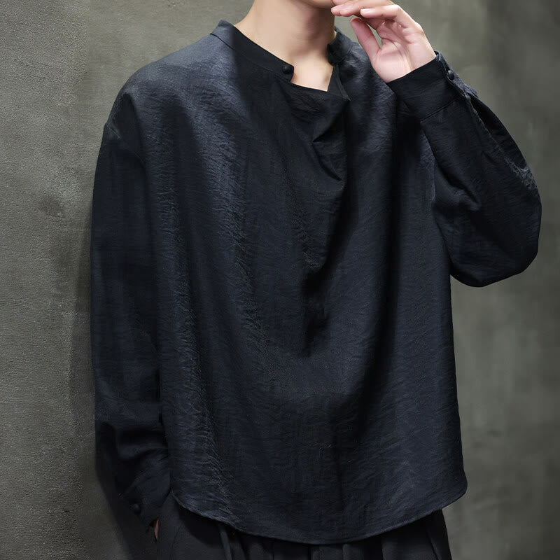Nimara Ritual Spring Solid Color Pleated Stand Collar Design Tang Suit Men's Long Sleeve Linen Shirt