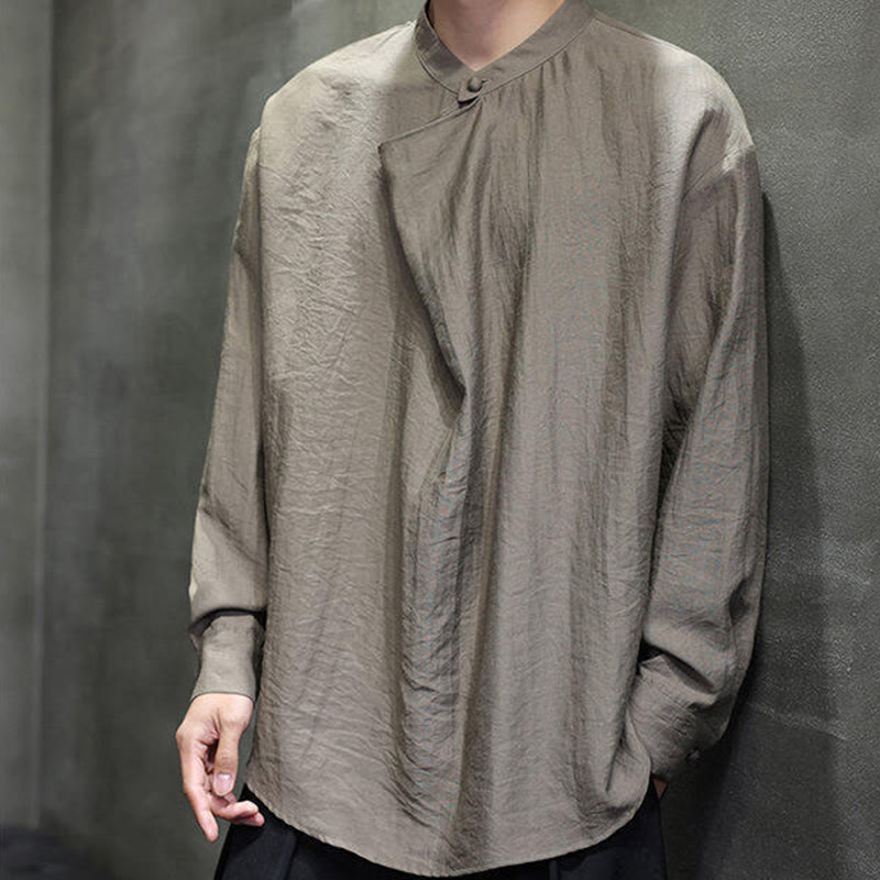 Nimara Ritual Spring Solid Color Pleated Stand Collar Design Tang Suit Men's Long Sleeve Linen Shirt