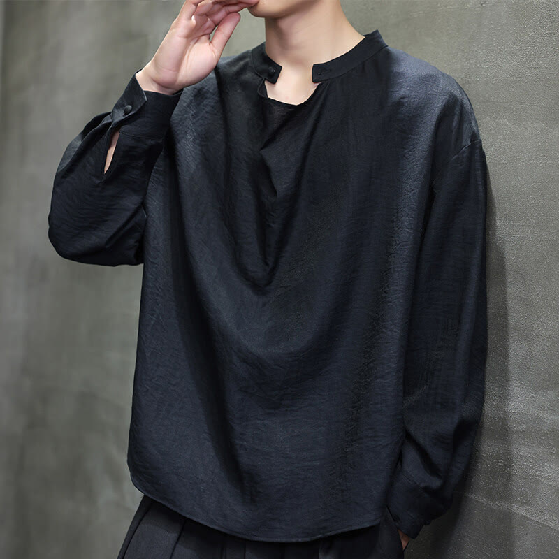 Nimara Ritual Spring Solid Color Pleated Stand Collar Design Tang Suit Men's Long Sleeve Linen Shirt
