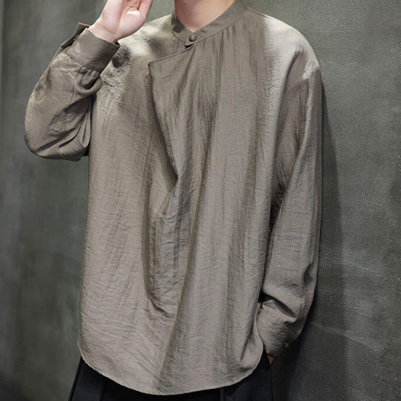 Nimara Ritual Spring Solid Color Pleated Stand Collar Design Tang Suit Men's Long Sleeve Linen Shirt