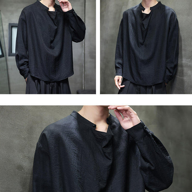 Nimara Ritual Spring Solid Color Pleated Stand Collar Design Tang Suit Men's Long Sleeve Linen Shirt
