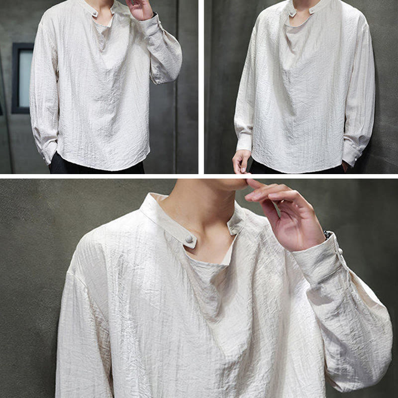 Nimara Ritual Spring Solid Color Pleated Stand Collar Design Tang Suit Men's Long Sleeve Linen Shirt