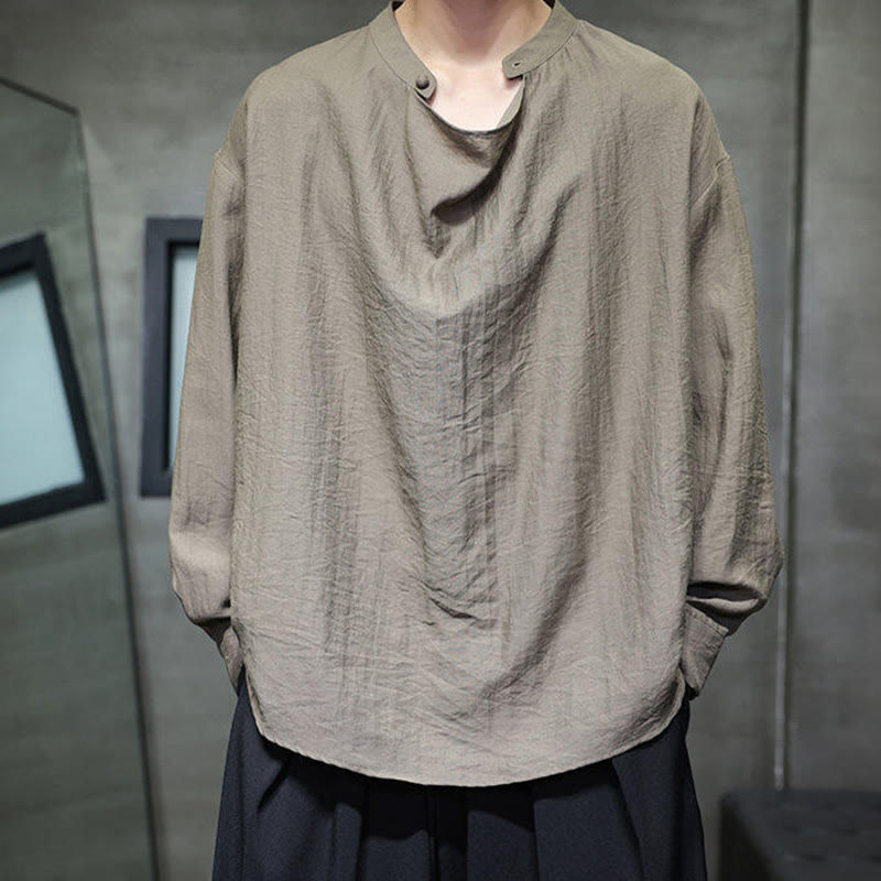 Nimara Ritual Spring Solid Color Pleated Stand Collar Design Tang Suit Men's Long Sleeve Linen Shirt