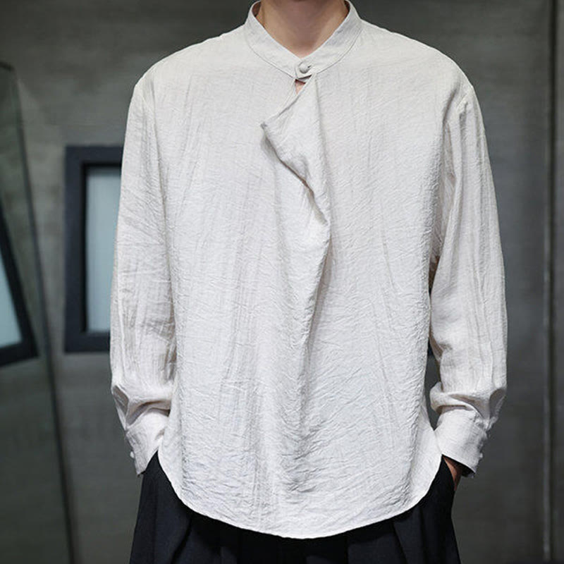 Nimara Ritual Spring Solid Color Pleated Stand Collar Design Tang Suit Men's Long Sleeve Linen Shirt