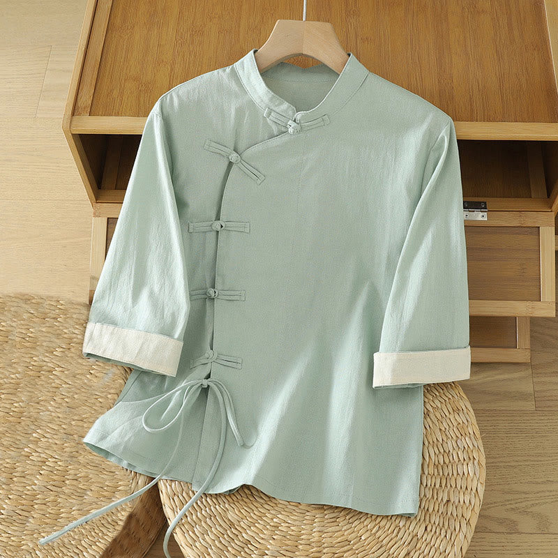 Nimara Ritual Casual Vintage Chinese Frog-Button Lace-Up Patchwork Design Women's Cotton Shirt