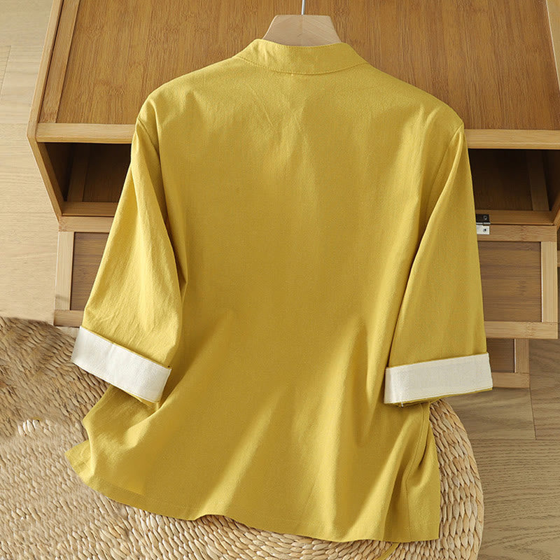 Nimara Ritual Casual Vintage Chinese Frog-Button Lace-Up Patchwork Design Women's Cotton Shirt
