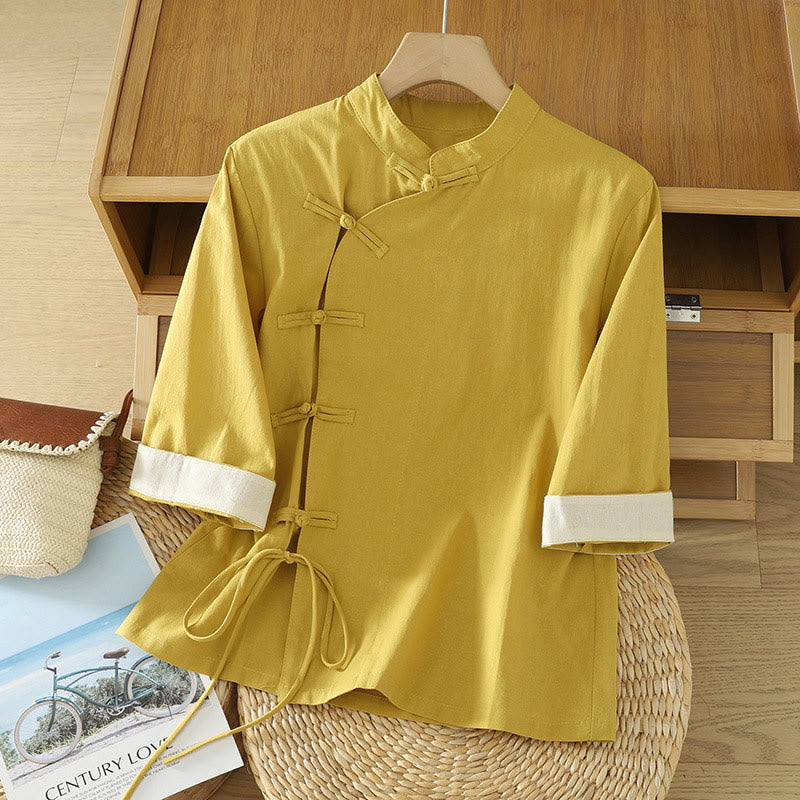 Nimara Ritual Casual Vintage Chinese Frog-Button Lace-Up Patchwork Design Women's Cotton Shirt