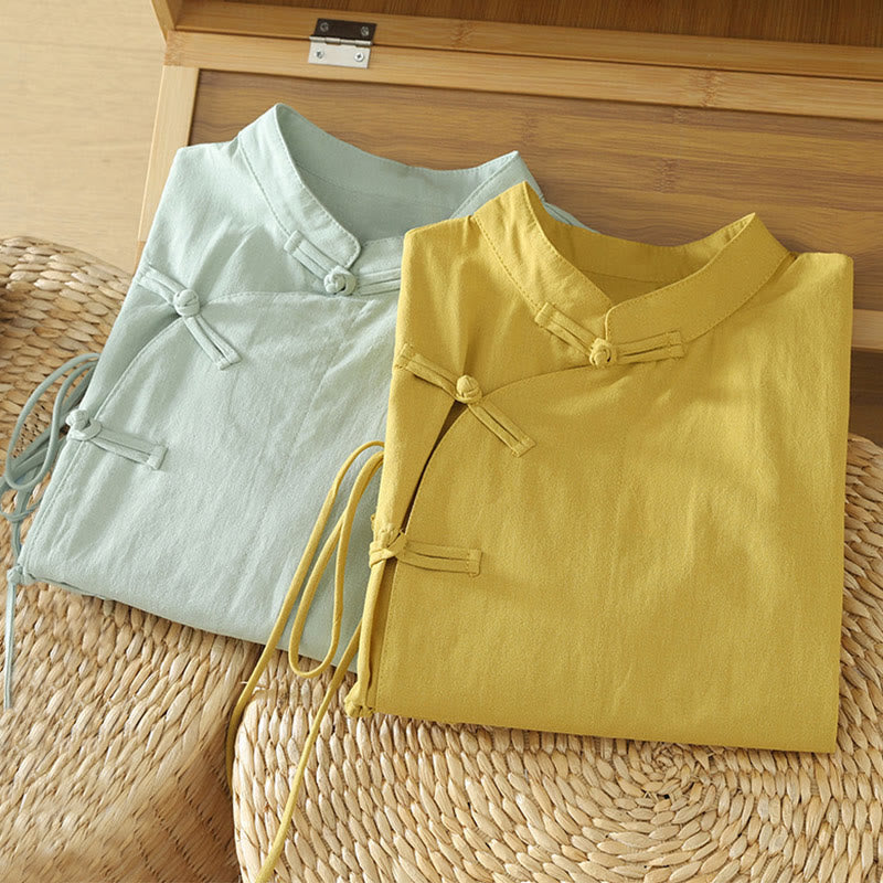 Nimara Ritual Casual Vintage Chinese Frog-Button Lace-Up Patchwork Design Women's Cotton Shirt
