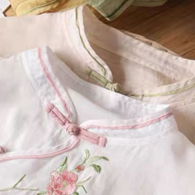 Nimara Ritual Casual Vintage Embroidery Flower Pattern Chinese Frog-Button Crew Neck Design Women's Cotton Linen Shirt