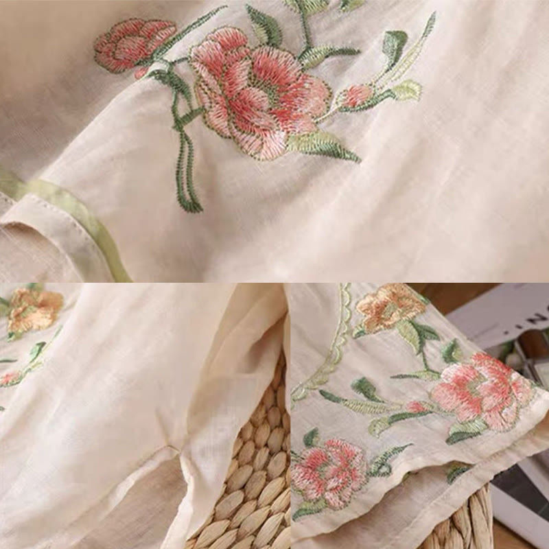 Nimara Ritual Casual Vintage Embroidery Flower Pattern Chinese Frog-Button Crew Neck Design Women's Cotton Linen Shirt