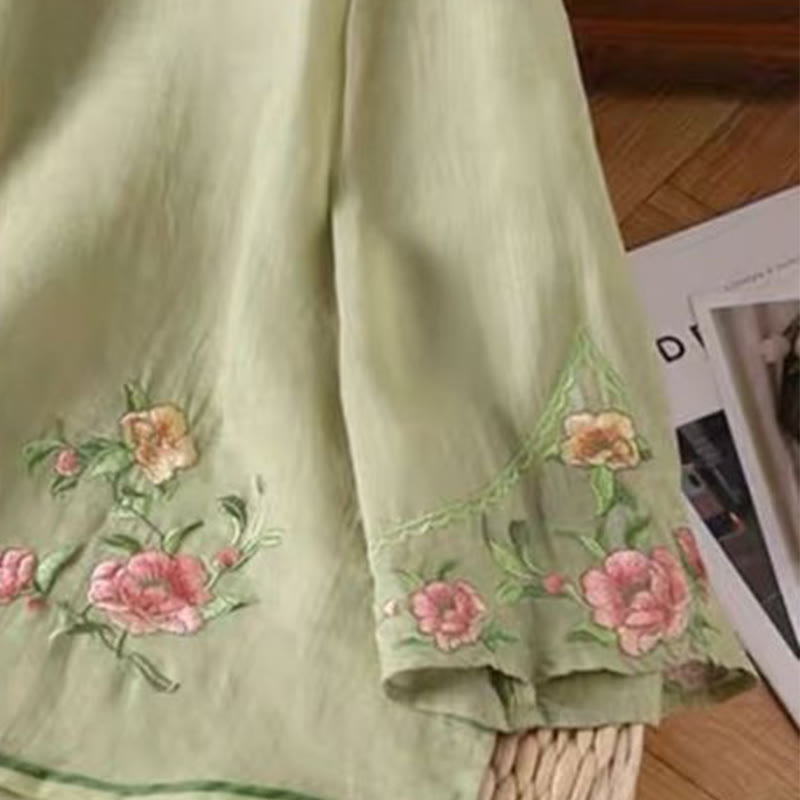 Nimara Ritual Casual Vintage Embroidery Flower Pattern Chinese Frog-Button Crew Neck Design Women's Cotton Linen Shirt