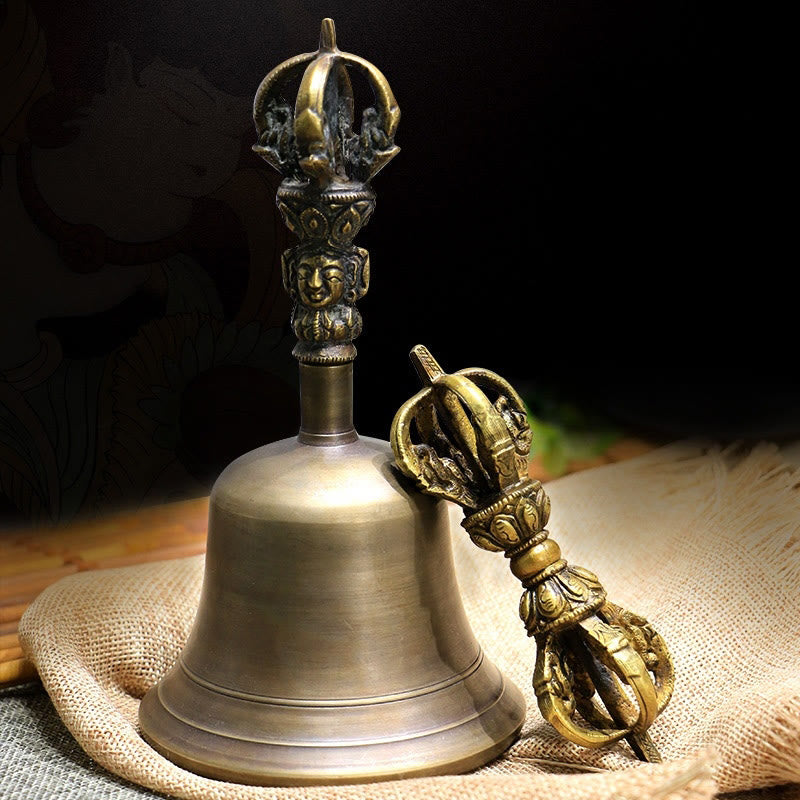 Nimara Ritual 2Pcs Handmade Tibetan Meditation Bell and Vajra Dorje Copper Strength Decoration Set