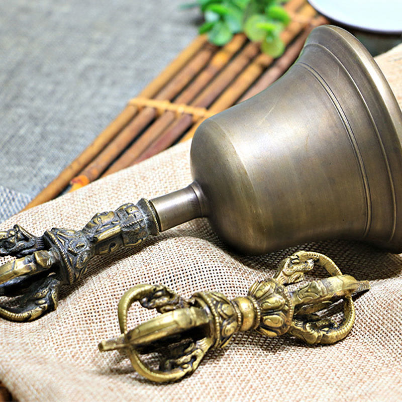 Nimara Ritual 2Pcs Handmade Tibetan Meditation Bell and Vajra Dorje Copper Strength Decoration Set