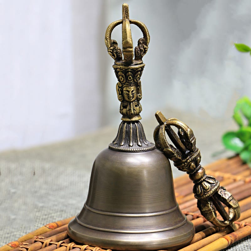 Nimara Ritual 2Pcs Handmade Tibetan Meditation Bell and Vajra Dorje Copper Strength Decoration Set