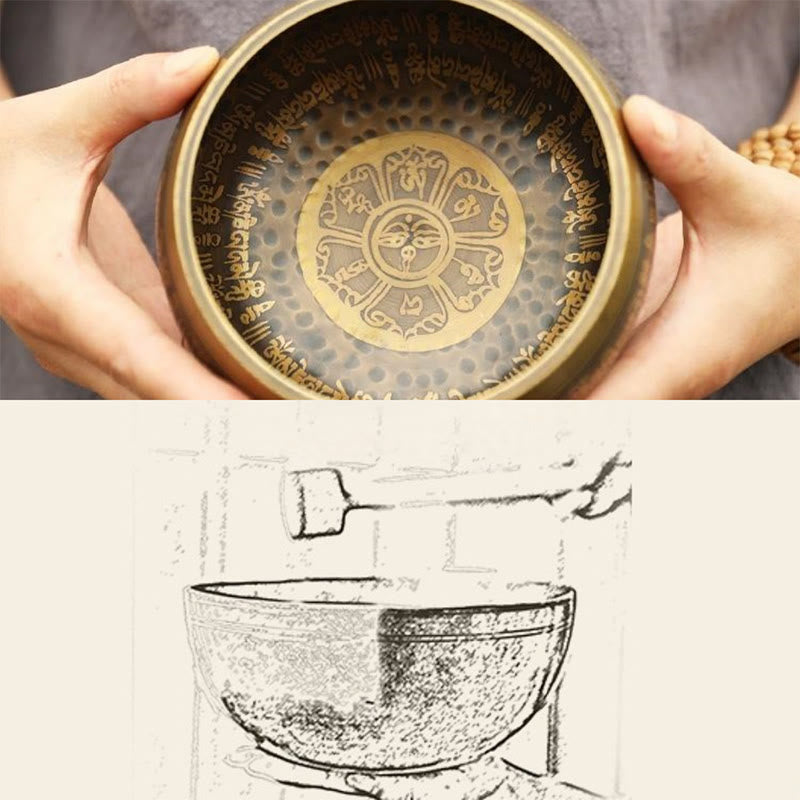 Nimara Ritual Handmade Singing Bowl Scripture Sanskrit Pattern for Healing and Meditation Sound Bowl Set