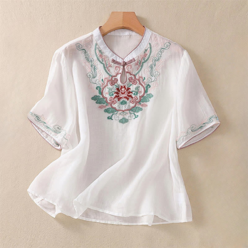 Nimara Ritual Casual Retro Embroidery Frog-Button Design Women's Cotton Linen Half Sleeve Shirt