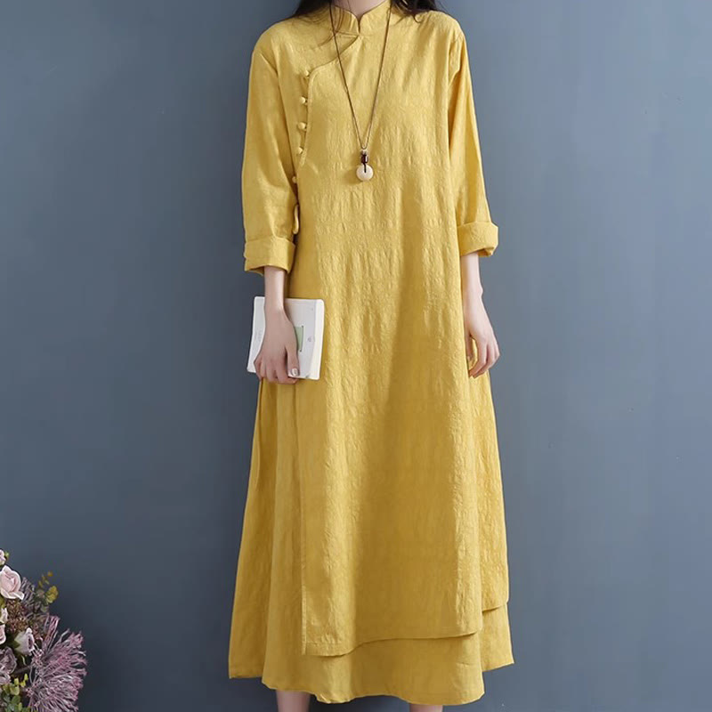 Nimara Ritual Spring Casual Plain Frog-Button Design Side Lace-Up Midi Dress