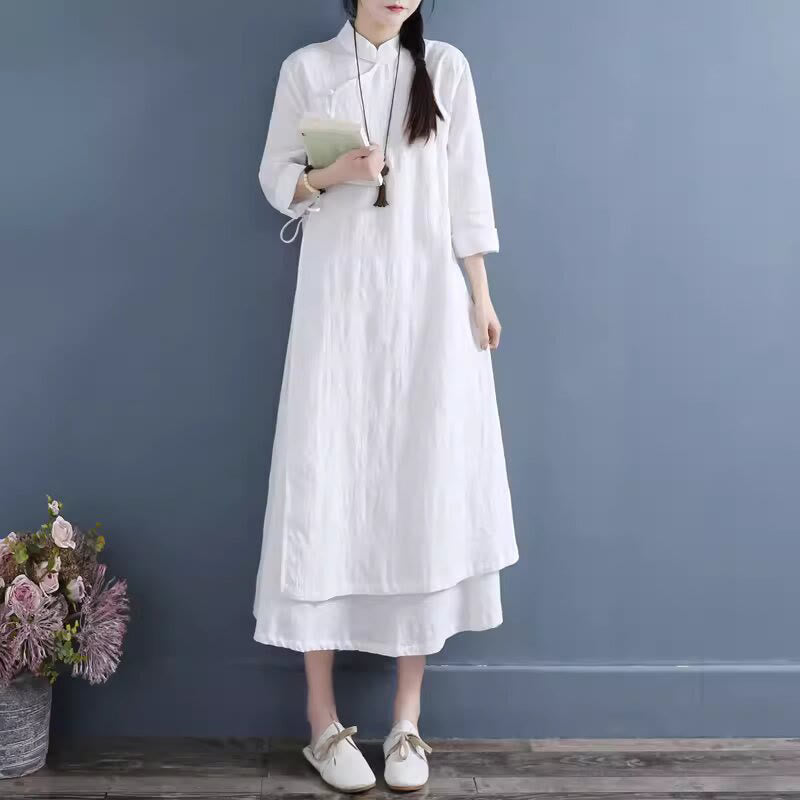 Nimara Ritual Spring Casual Plain Frog-Button Design Side Lace-Up Midi Dress