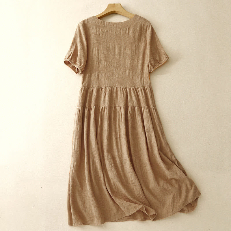 Nimara Ritual Summer Jacquard Plain Elastic Cuff Design Crew Neck Short Sleeve Cotton Midi Dress