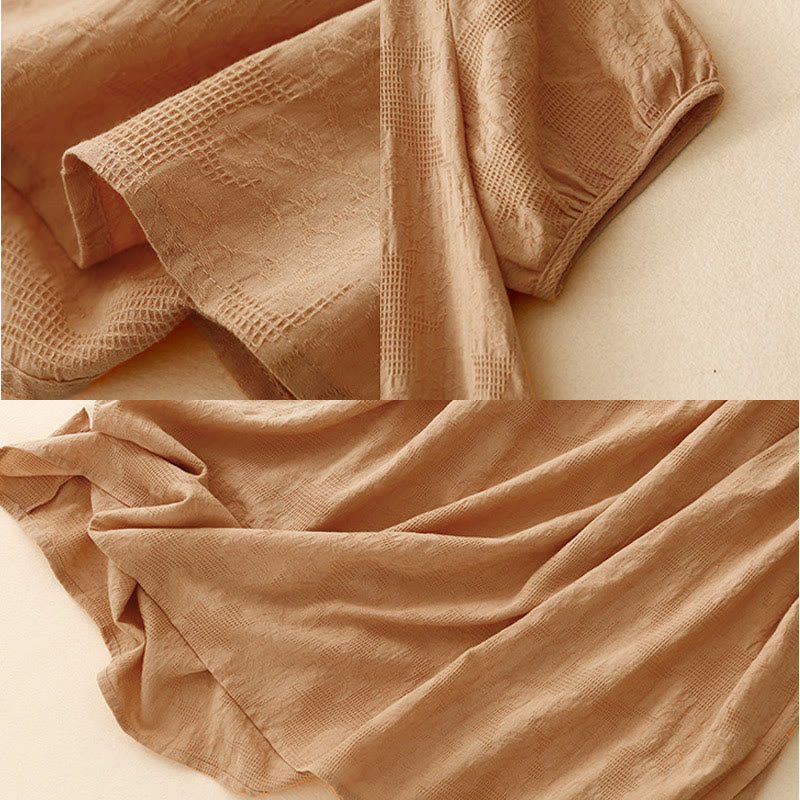 Nimara Ritual Summer Jacquard Plain Elastic Cuff Design Crew Neck Short Sleeve Cotton Midi Dress