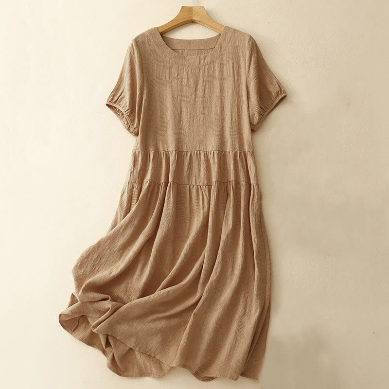 Nimara Ritual Summer Jacquard Plain Elastic Cuff Design Crew Neck Short Sleeve Cotton Midi Dress