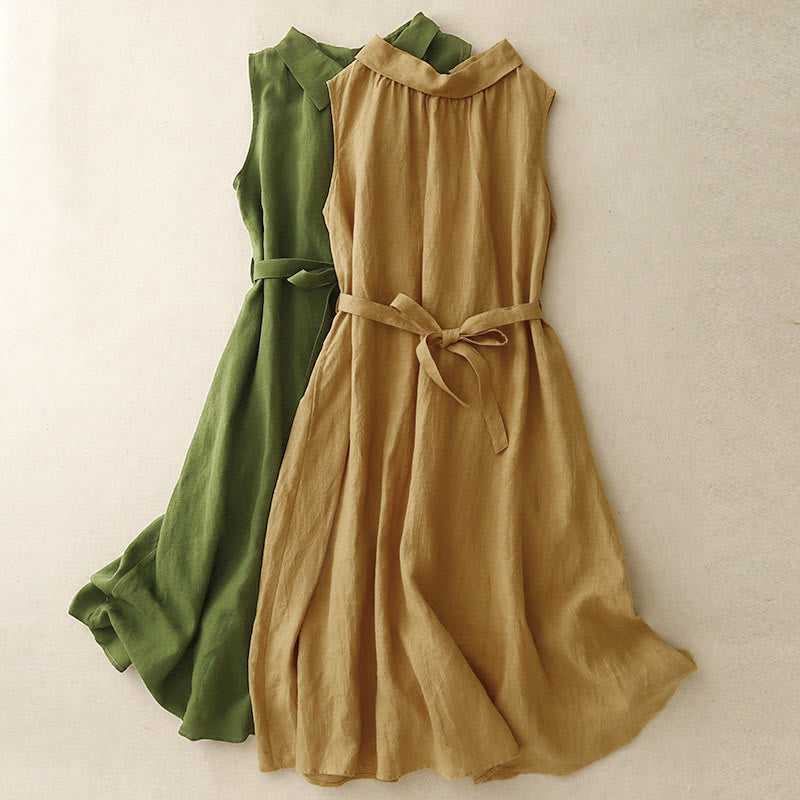 Nimara Ritual Summer Plain Lace-up Button Front Design Lapel Sleeveless Cotton Midi Dress