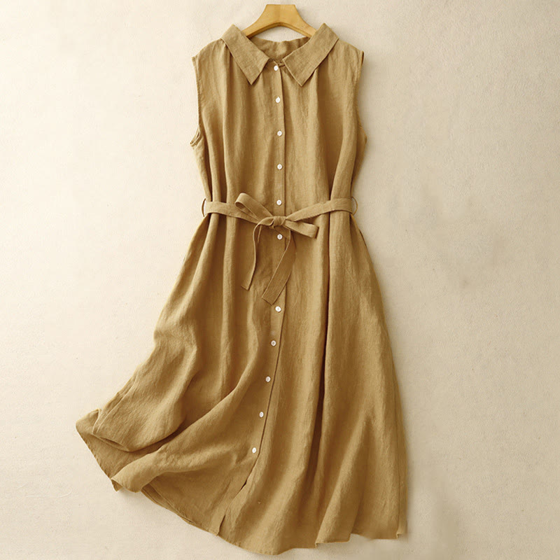 Nimara Ritual Summer Plain Lace-up Button Front Design Lapel Sleeveless Cotton Midi Dress