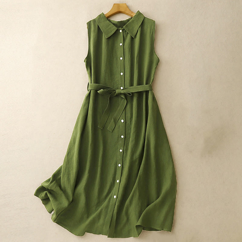 Nimara Ritual Summer Plain Lace-up Button Front Design Lapel Sleeveless Cotton Midi Dress