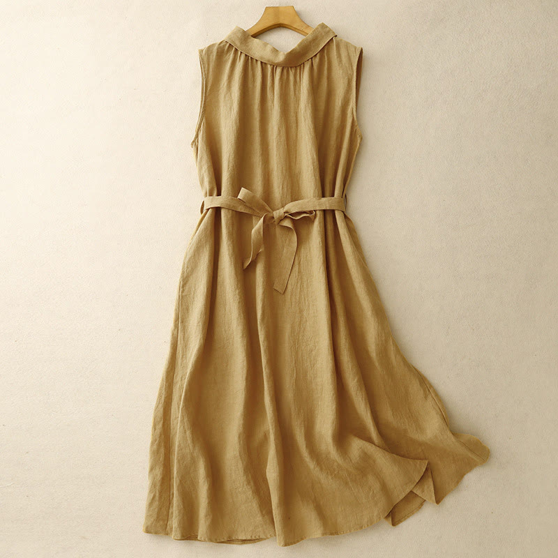 Nimara Ritual Summer Plain Lace-up Button Front Design Lapel Sleeveless Cotton Midi Dress