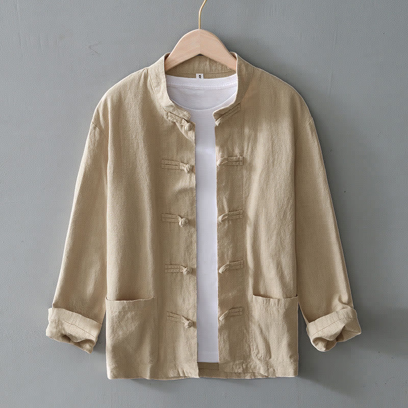 Nimara Ritual Frog-Button Chinese Tang Suit Cotton Linen Men Shirt With Pockets
