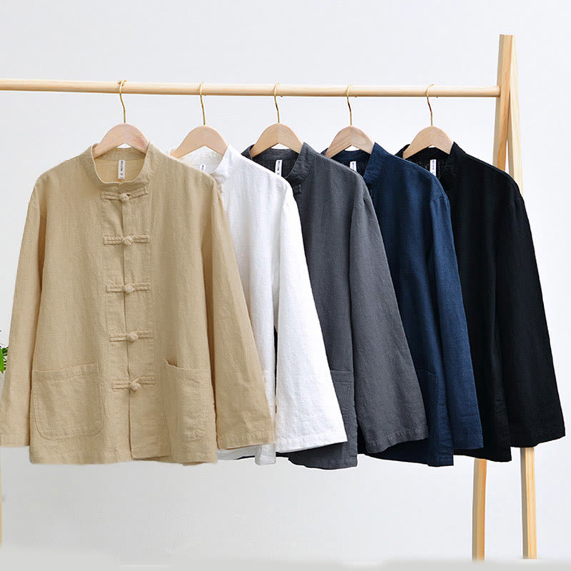 Nimara Ritual Frog-Button Chinese Tang Suit Cotton Linen Men Shirt With Pockets