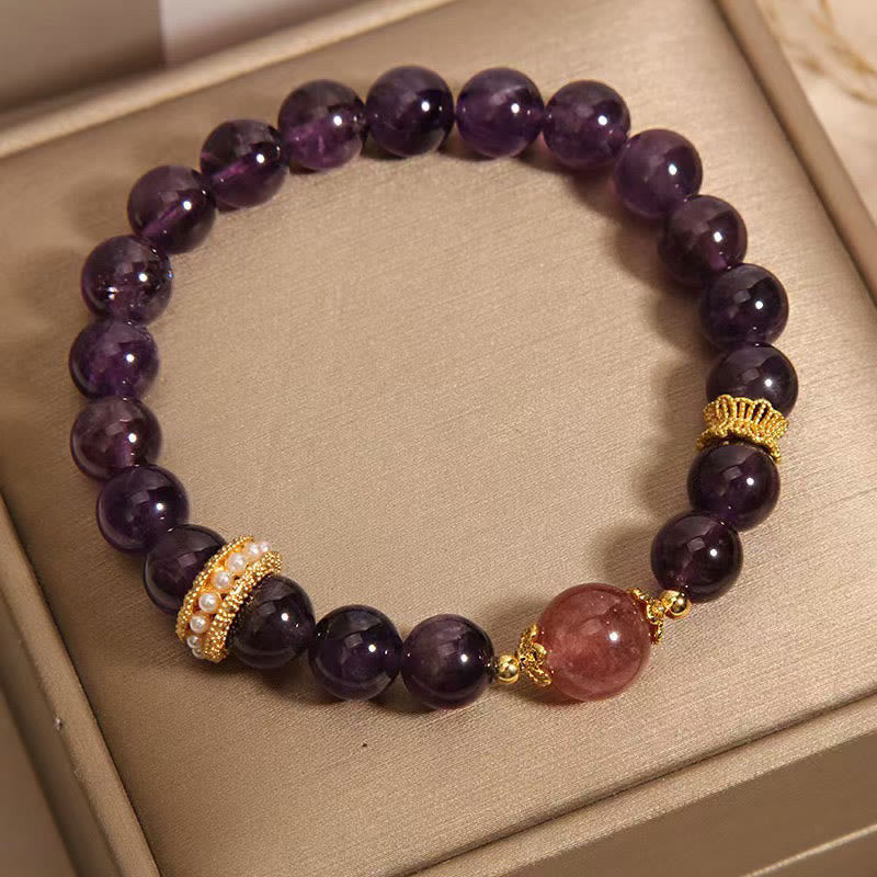 Nimara Ritual Natural Amethyst Lucky Strawberry Quartz Beads Peace Bracelet