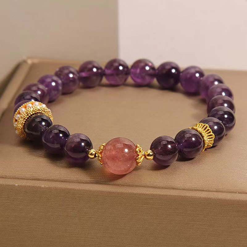 Nimara Ritual Natural Amethyst Lucky Strawberry Quartz Beads Peace Bracelet