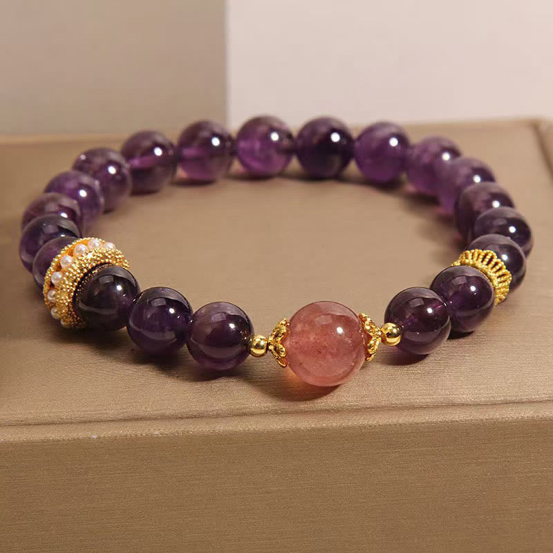 Nimara Ritual Natural Amethyst Lucky Strawberry Quartz Beads Peace Bracelet