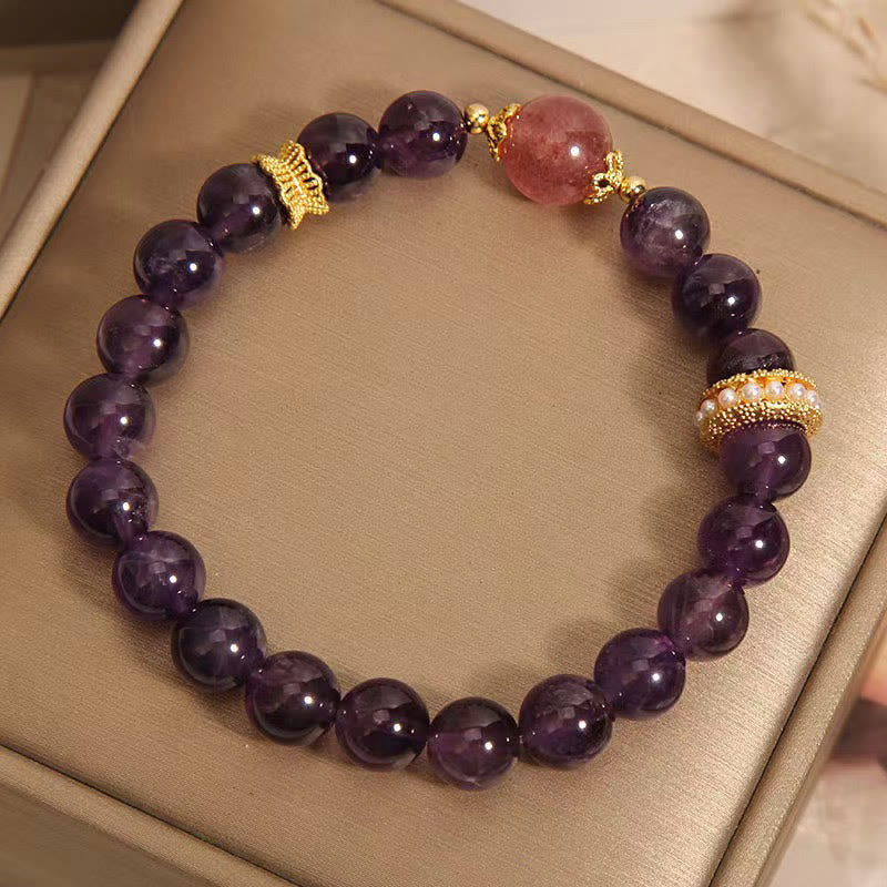 Nimara Ritual Natural Amethyst Lucky Strawberry Quartz Beads Peace Bracelet